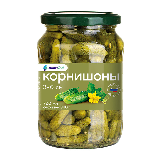 Корнишоны Smart Chef Маринованные 3-6см 720мл Сух. Вес 340г ст/б