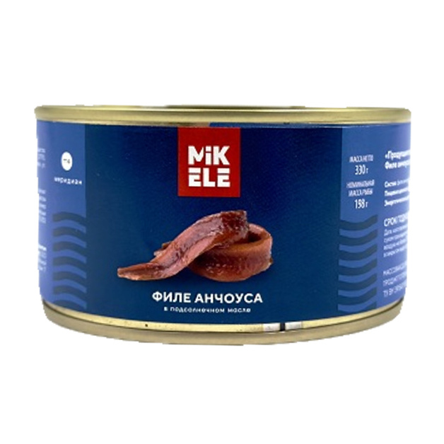 Филе Анчоуса Mikele в Подсолнечном Масле 330г Сухой Вес 198г ж/б