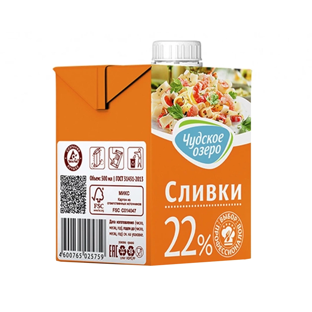 Сливки «Чудское озеро» 22% ультрапастеризованные - 0,5 л