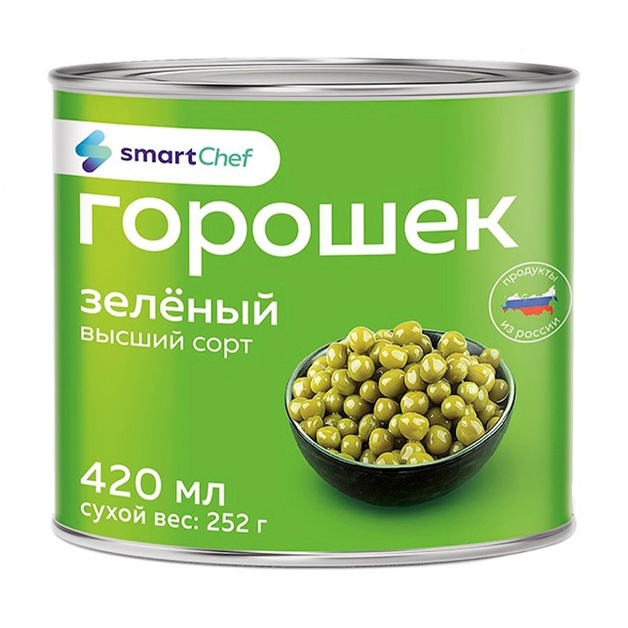 Горошек Зеленый Smart Chef Высший Сорт 420мл Сух.Вес 252г ж/б