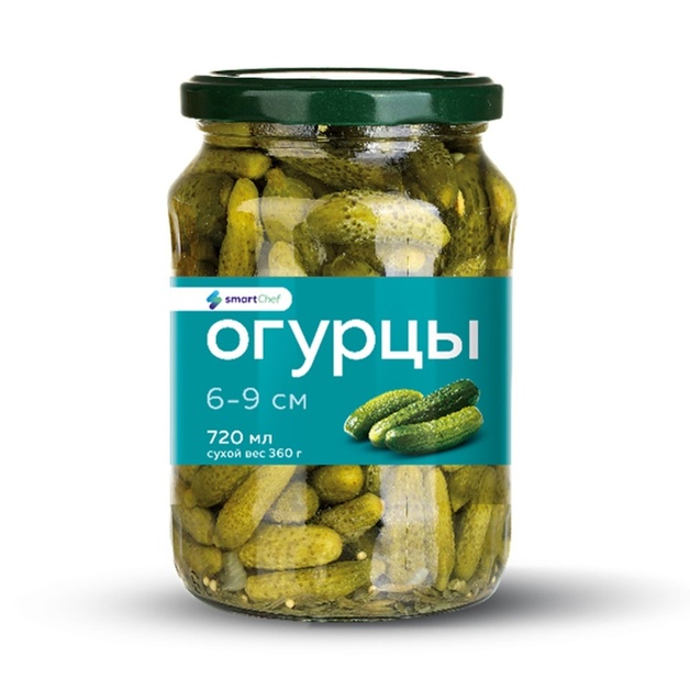 Огурцы Smart Chef Маринованные 6-9см 720мл Сух. Вес 360г Стекло