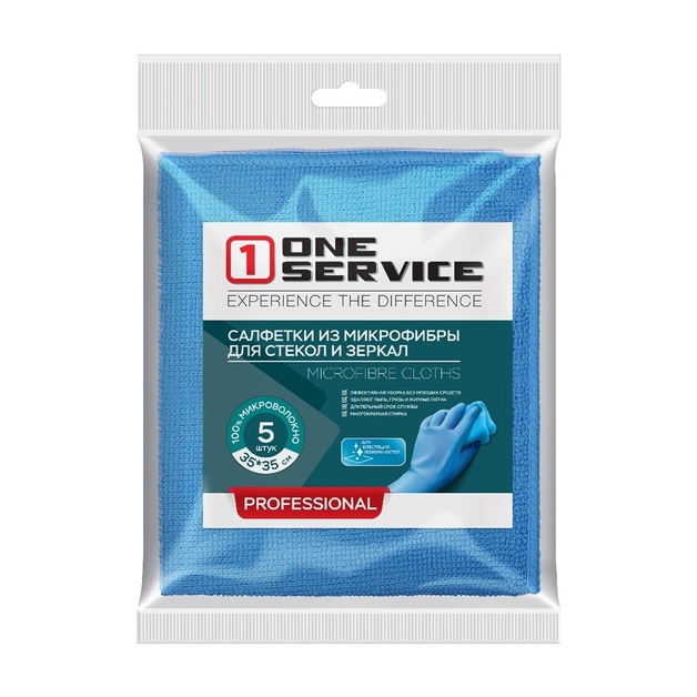 Салфетки из Микрофибры One Service для Стекол и Зеркал 5шт