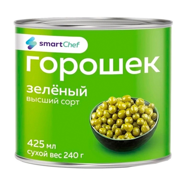 Горошек Зеленый Smart Chef Высший Сорт 425мл Сухой Вес 240г ж/б