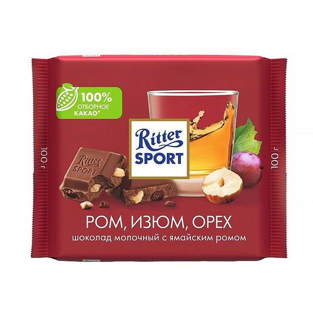 Шоколад Ritter Sport Молочный Ром Изюм Орех 100г