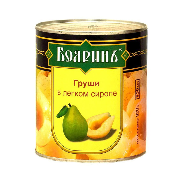 Груши Бояринъ Половинки в Легком Сиропе 850мл Сухой Вес 460г ж/б