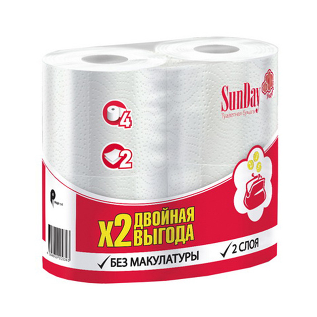 Туалетная бумага «SunDay» двухслойная - 4 шт