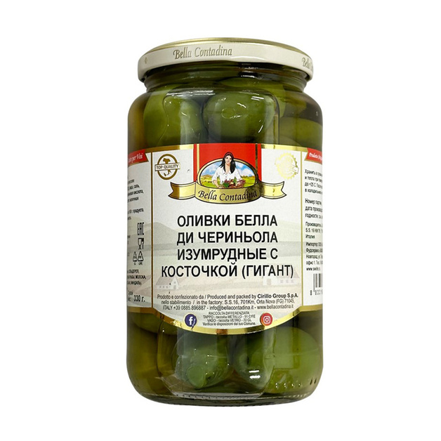 Оливки Белла Ди Чериньола Изумрудные с Косточкой 580мл Сух. Вес 330г