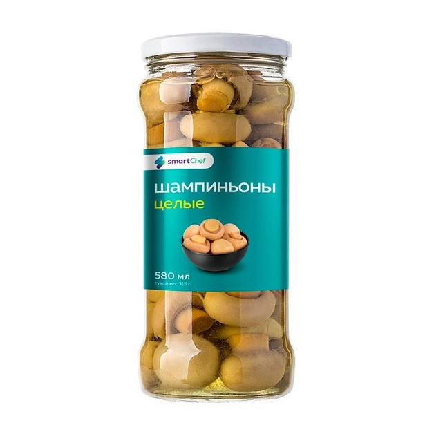 Шампиньоны Smart Chef Целые Маринованные Китай 580мл Сух. Вес 315г ст/б