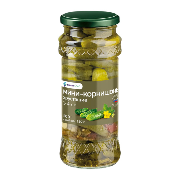 Корнишоны Мини Smart Chef Хрустящие 500г Сухой Вес 250г Стекло