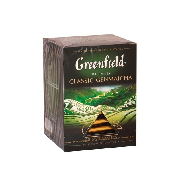 Чай гринфилд ромашка. Greenfield Classic Genmaicha. Чай зеленый "Greenfield" пирамидки (Classic Genmaicha) 20 шт. Гринфилд (пирамидка) Классик Генмайча 20п/8. Чай Гринфилд Генмайча.