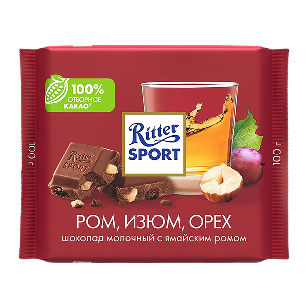 Шоколад Ritter Sport Молочный Ром Изюм Орех 100г