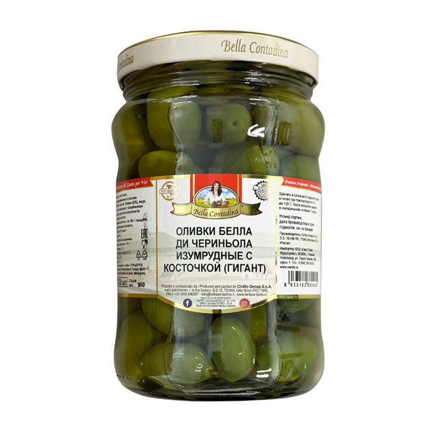 Оливки Белла Ди Чериньола Изумрудные с Косточкой 1,7л Сухой Вес 950г