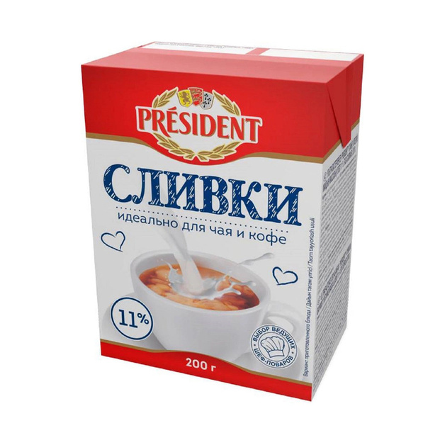 Сливки Питьевые President Ультрапастеризованные 11% 200г