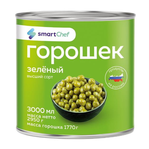 Горошек Зеленый Smart Chef Отборный 3л Сухой Вес 1,77кг ж/б